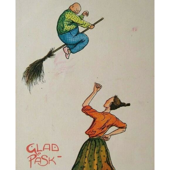 Halloween Easter Witch Postcard Fantasy Glad Pask Man Steals Lady's Broom Sweden - Picture 2 of 4